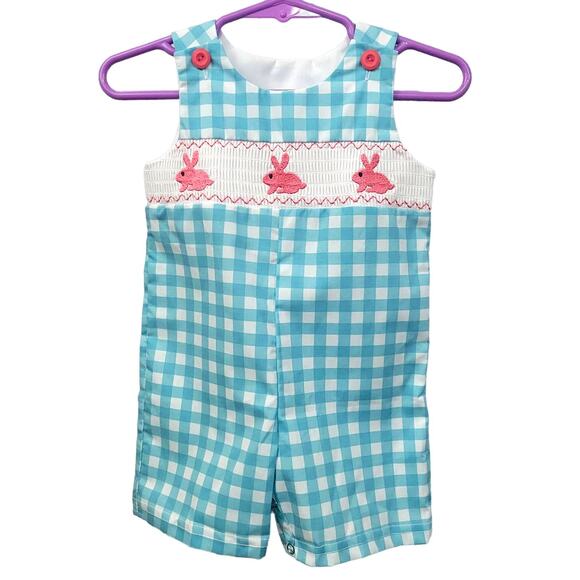 Pink Bunny Smock Turquoise Gingham Romper 3-6 Months - Picture 1 of 6